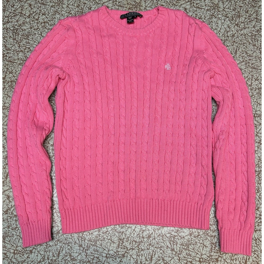 Lauren Ralph Lauren LRL Small Cable Knit Sweater Pink Classic Preppy Old Money